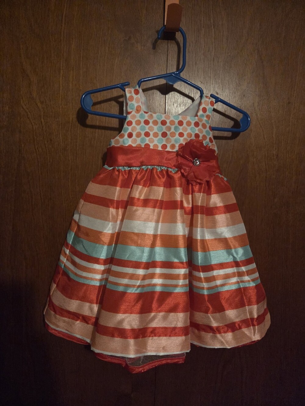 Nannette Red, Aqua & Coral Striped Girls' Formal Dress with Flower